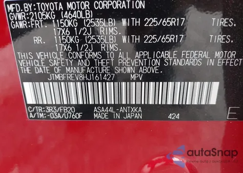 2017 Toyota Rav4 Le из США, поврежденный, VIN JTMBFREV8HJ161427